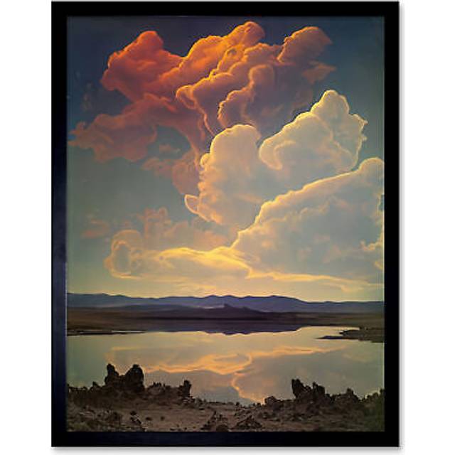 Wall Art Print Vintage Style Atmospheric Cloud Reflections in Lake Modern Watercolour Painting Art Framed - Black - W12 inch x H16 inch