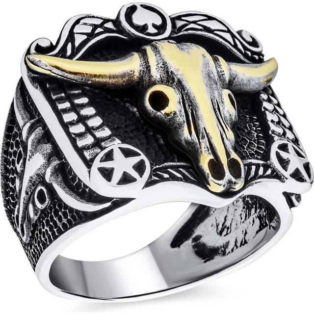 Black Texture Animal Buffalo Cow Skull Antelope Goat Big Western Jewelry Texas Longhorn Skull Signet Ring Two Tone Sterling Silver  Personalized Men's