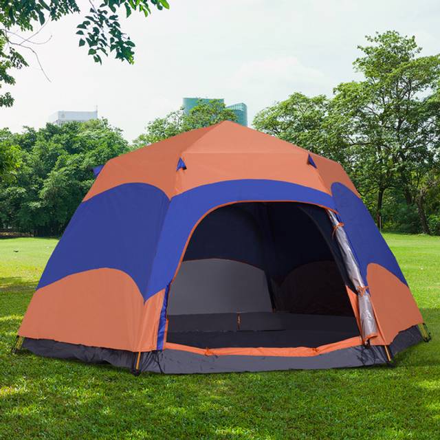 Outsunny Six Man Hexagon Pop Up Tent - Orange and Blue