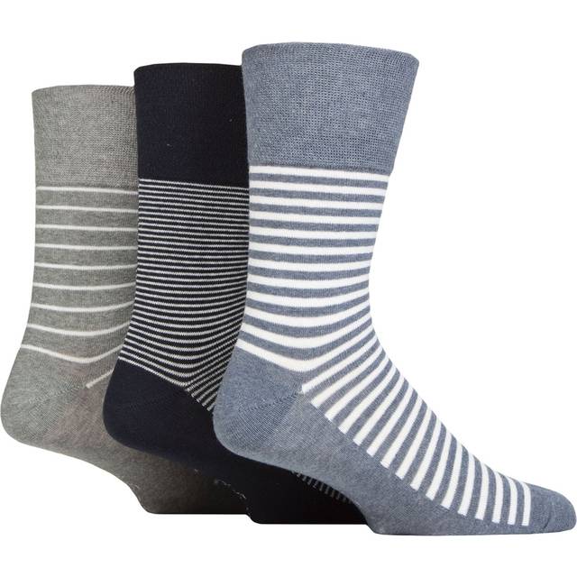 Mens 3 Pair SOCKSHOP Gentle Grip Cotton Holiday Socks Navy / Denim Melange Stripe 6-11 - Blue