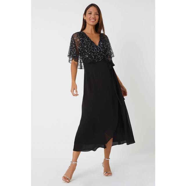 Roman Black Sequin Embellished Chiffon Wrap Maxi Dress - Size 20
