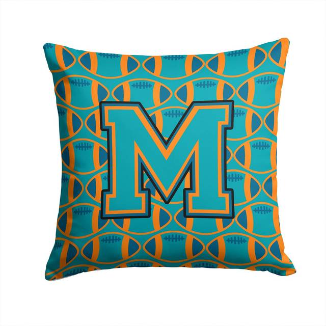 Caroline's Treasures CJ1063-MPW1414 Letter M Football Aqua  Orange and Marine Blue Fabric Decorative Pillow  14 H x 14 W  Multicolor