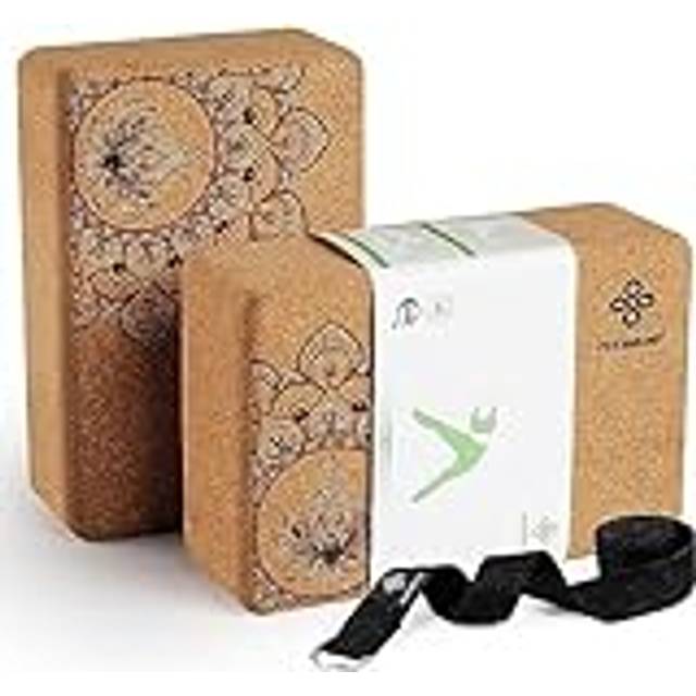 Overmont Cork Yoga Blocks 2 pack with 8ft Strap Set Natural Cork Yoga Bricks- High Density & Eco Friendly Yoga Accessories for Women - Ideal for Yoga