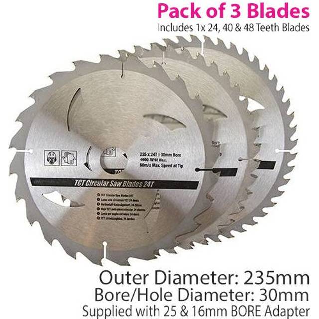 QTY 3 235mm x 30mm TCT Circular Saw Blades 24T 40T 48T 25mm 16mm Rings