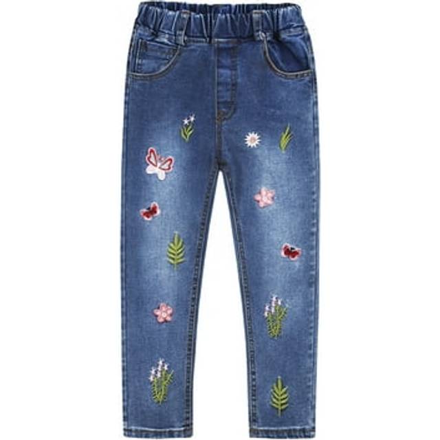 KIDSCOOL SPACE Little Big Girls Embroidery Butterfly Grass Slim Jean Pants Red Butterfly 6-7 Years