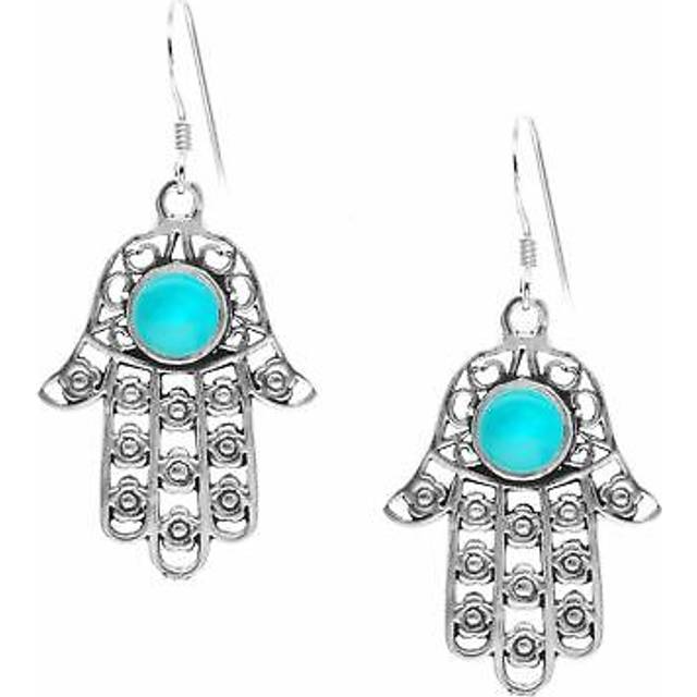 Dangle earrings 925 sterling silver turquoise hamsa hand evil eye - silverly