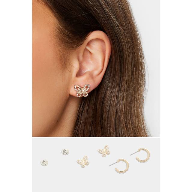 3 Pack Gold Butterfly Stud & Hoop Earrings Set - One Size