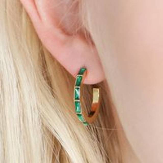 Green Baguette Crystal Hoop Earrings in Gold - gold/green - one size