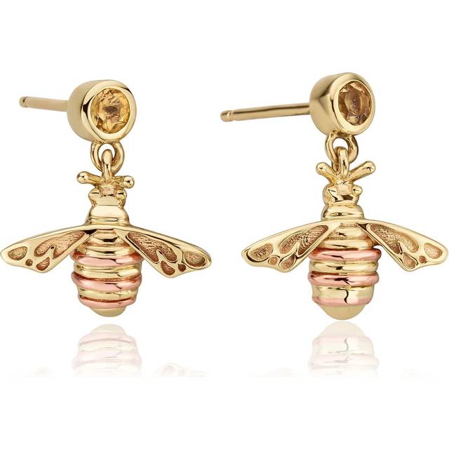 Nature's Wonder 9ct Solid Gold Honey Bee Drop Earrings with Citrine
