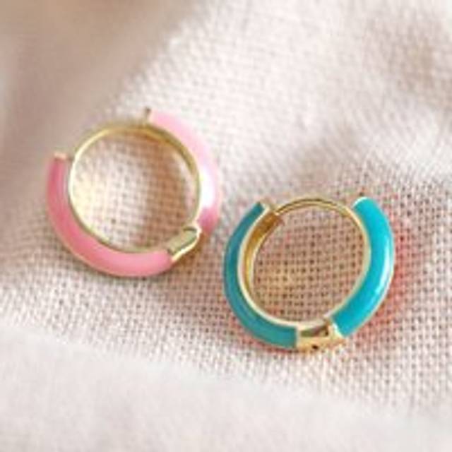 Enamel Huggie Hoop Earrings in Teal and Pink - pink/green/blue - one size