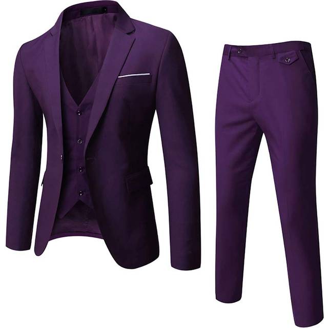 WULFUL MenAs Suit Slim Fit One Button 3-Piece Suit Blazer Dress Business Wedding Party Jacket Vest  Pants Purple