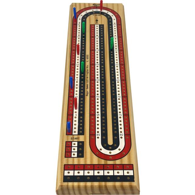 "Regal Games Cribbage Board Game Set with Unique Wooden Cribbage Board (11"""" x 4.5"""" x 2.75"""") & 9 Multi-Colored Cribbage Pegs - Family Fun G"