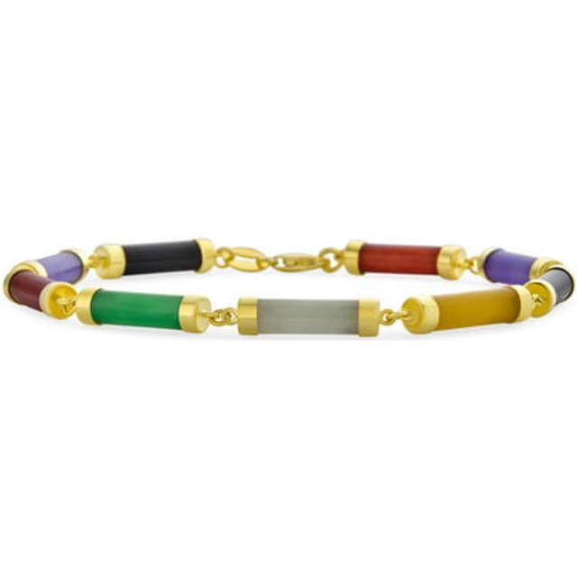 14K Yellow Gold Plated Sterling Silver Inch Asian Style Gem Genuine Multicolor Yellow Red White Green Jade Strand Slender Tube Bar Link Bracelet for