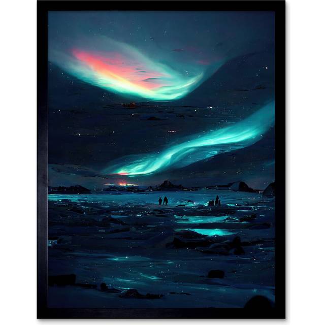 Wall Art Print Northern Lights Aurora Borealis Iceland Painting Sky Skies Art Framed - Black - W12 inch x H16 inch