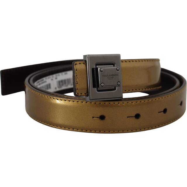 Dolce & Gabbana Gold Leather Silver Square Metal Buckle Belt - 90 cm / 36 Inches