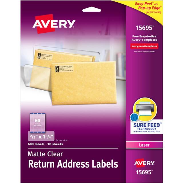 "Avery Printable Return Address Labels with Sure Feed  2/3"""""""" x 1-3/4""""""""  Matte Clear  600 Blank Mailing Labels (15695)"