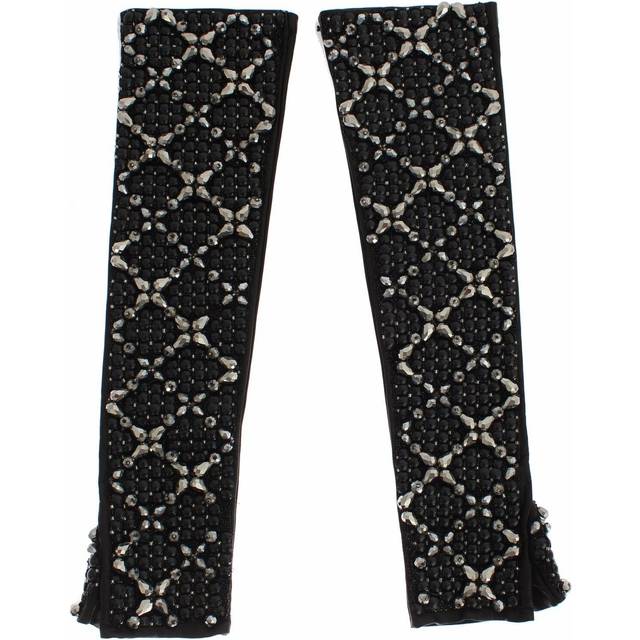 Dolce & Gabbana Black Leather Crystal Beaded Finger Free Gloves - 7|S