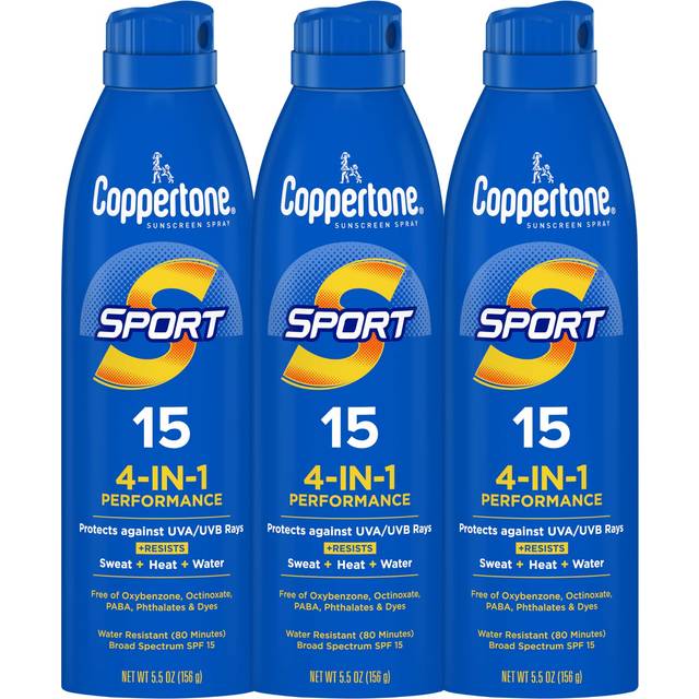 coppertone SPORT Sunscreen Spray SPF 15  Water Resistant Sunscreen  Broad Spectrum SPF 15 Sunscreen  Bulk Sunscreen Pack  55 Oz Spray  Pack of 3