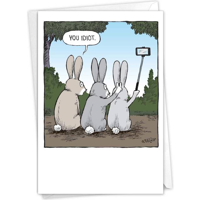 NobleWorks - 1 Humor Birthday card with Envelope - Funny cartoons for Birthday greetings  celebration Notecard - Bunny Selfies c2750BDg