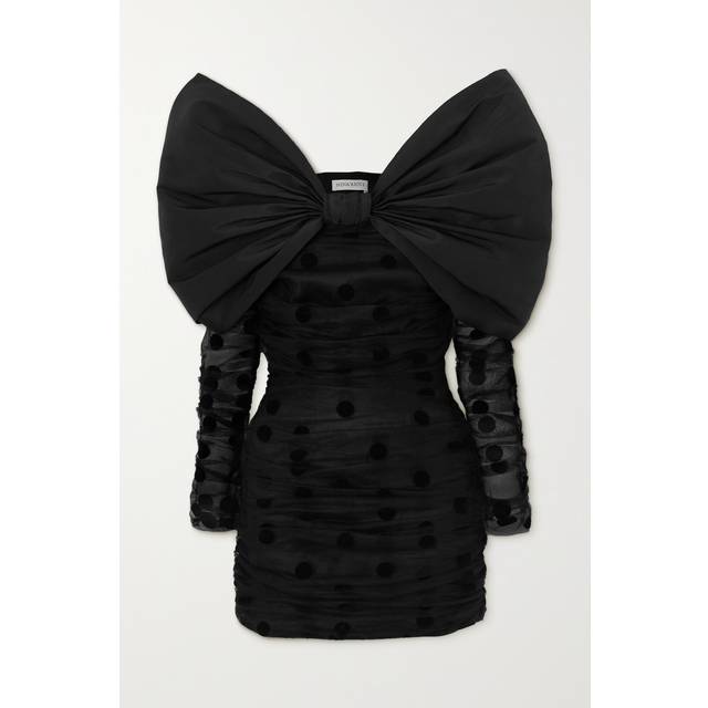 Nina Ricci - Off-the-shoulder bow-detailed taffeta-trimmed flocked tulle mini dress - Black - FR 38