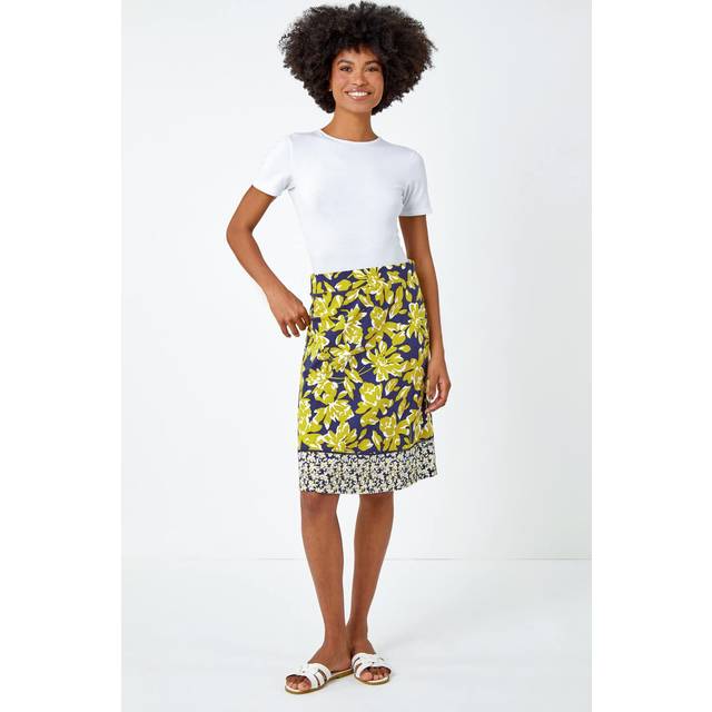 Floral Cotton Blend Elastic Waist A Line Skirt - Lime - 10