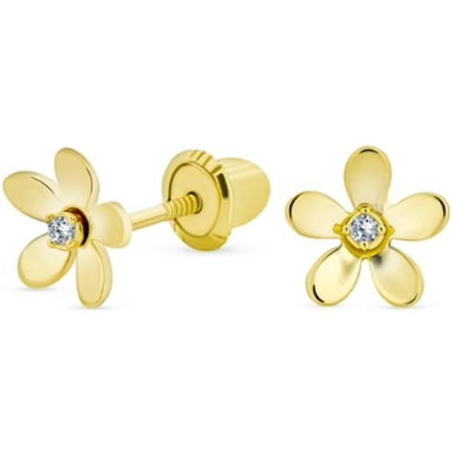 CZ 14K Yellow Gold Flower Screw Back Screw Type Petit Earrings [Bling Jewelry] Leave-on