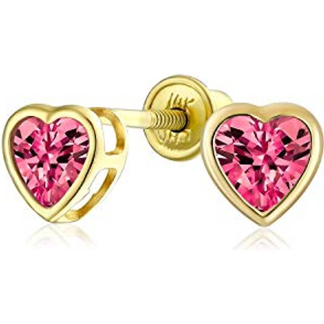 Carat Small Cubic Zirconia Pink Purple CZ Bezel Set Heart Stud Earrings for Women Simulated Ruby Real 14K Gold Screw Back 0.25 red