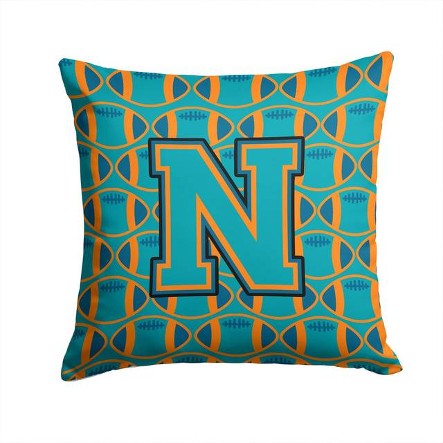 Caroline's Treasures CJ1063-NPW1414 Letter N Football Aqua  Orange and Marine Blue Fabric Decorative Pillow  14 H x 14 W  Multicolor
