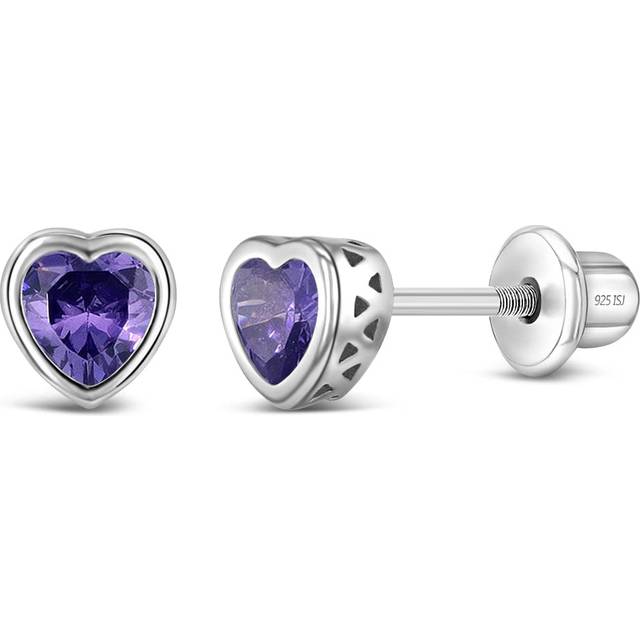 925 Sterling Silver 5mm Simulated Amethyst Birthstone Heart Screw Back