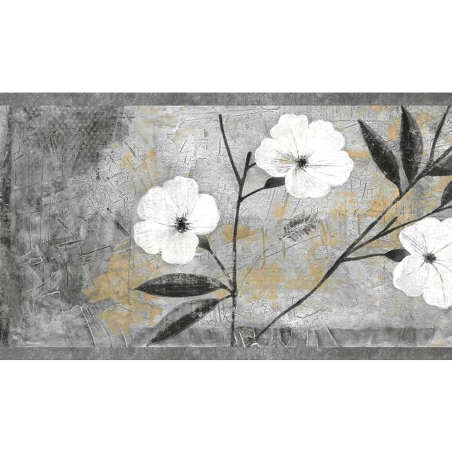 BD6054 Peel and Stick Wallpaper Border - Floral White, Gray, Brown, Black Abstract Flowers Wall Border Retro Design, 15 ft x 7 in (4.57m x 17.78cm),