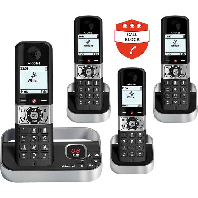 ALCATEL F890 Cordless Phone - Quad Handsets, Black & Silver, Black,Silver/Grey