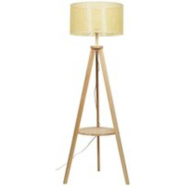 Morrigan Light Wood Tripod Floor Lamp with Shelf + Reni XL Wicker Pendant Drum Shade