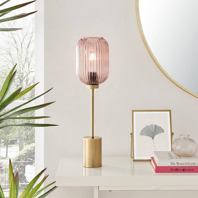 Coral Table Lamp Pink Glass Shade with Brass Base - Pink