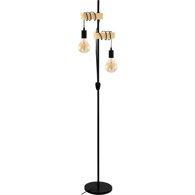 Standing Floor Lamp Light Black Base & Twin Wood Hangman 2 x 10W E27 Bulb
