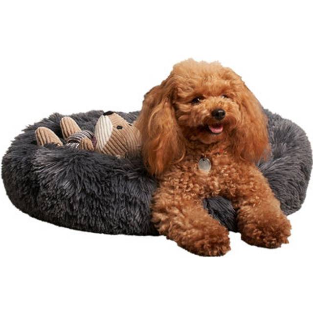Pet bed calming fluffy plush fleece dog anti anxiety round donut washable comfy