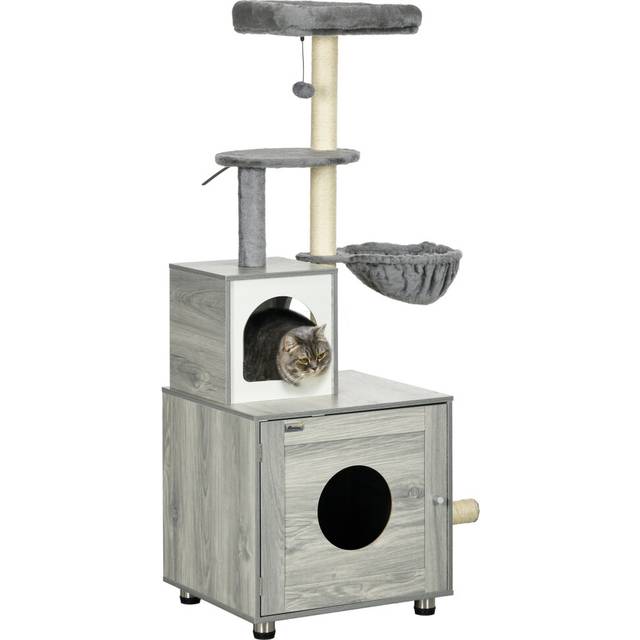 PawHut Cat Litter Box Enclosure - with Cat House - Bed - Scratching Posts - Platform | TJ Hughes
