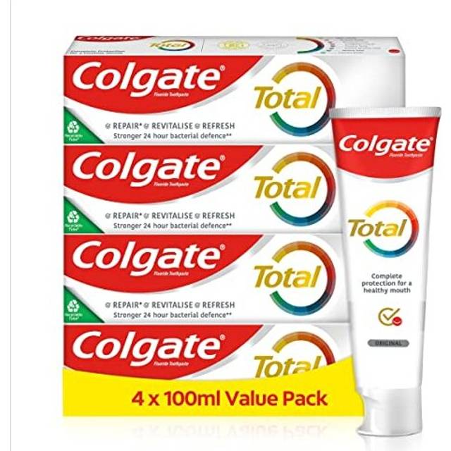 Colgate Tandkräm Total Original 4 x 100 ml - Tandrengöring för en hälsosam mun och 12 timmars proaktivt tandskydd* - rengör tänder, tandkött, kinder och tunga