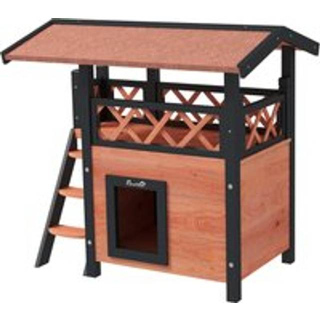 Pawhut Cat House Outdoor W/ Balcony Stairs Roof, 77 X 50 X 73 Cm, Brown
