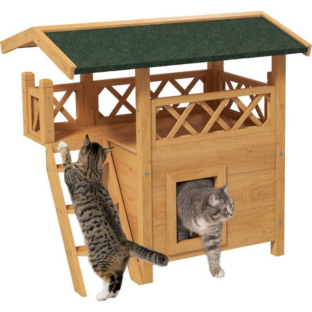 PawHut Outdoor Cat House w/ Balcony Stairs Roof - Natural Wood Finish | TJ Hughes White