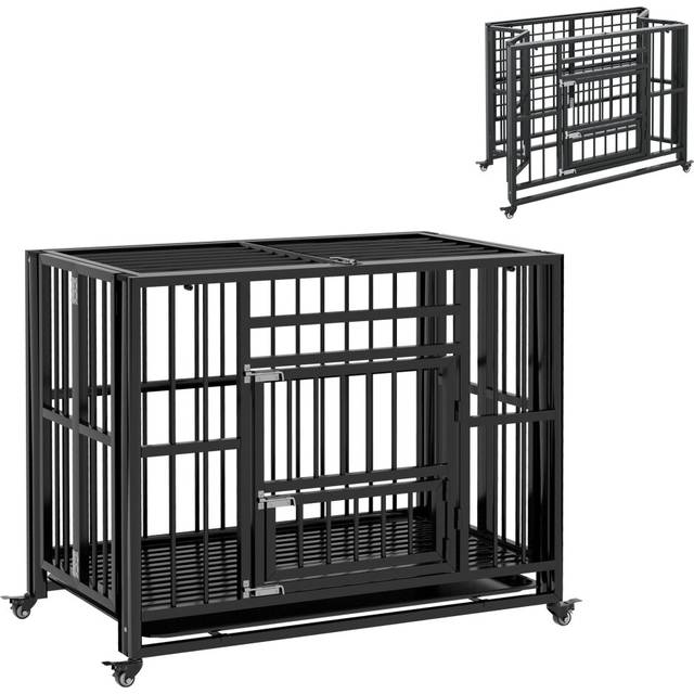 PawHut 37" Heavy Duty Dog Crate, Foldable Dog Cage on Wheels with Double Locks, Removable Tray, Openable Top, Double Doors, Indoor Outdoor Use, for Me