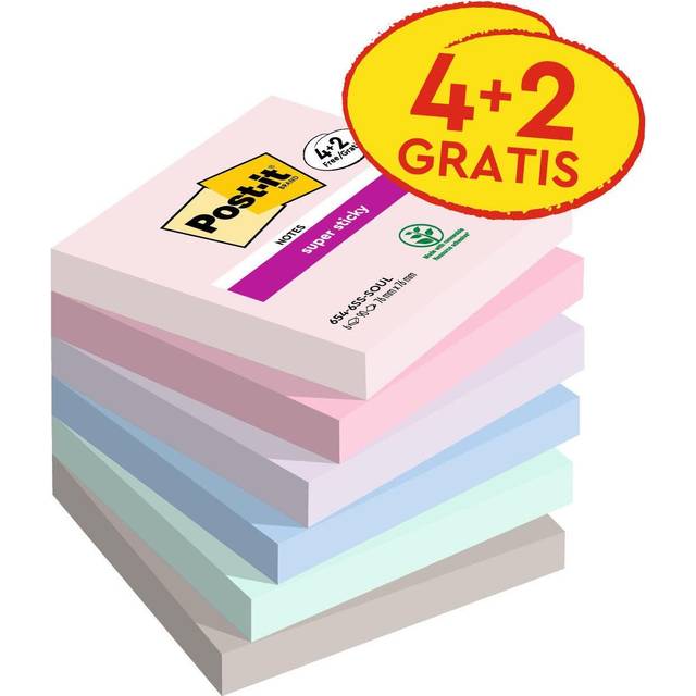 Post-it Soulful Super Sticky Notes Square 76 x 76 mm Plain Assorted 90 Sheets Value Pack 4 + 2 Free