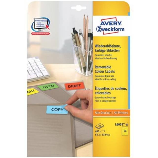 Avery L6035-20 Yellow Removable Labels 20 sheets - 24 Labels per sheet