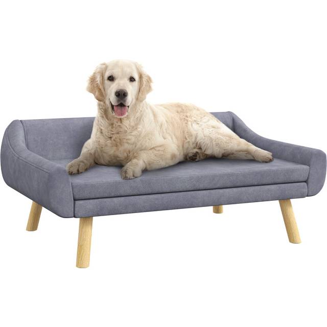 PawHut Dog Sofa Bed Raised Couch with Wooden Frame and Soft Cushion, Grey