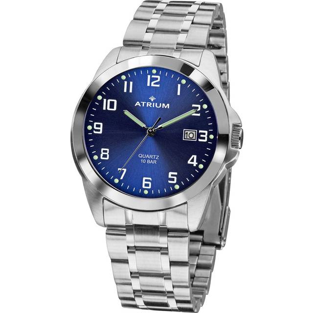 ATRIUM Herrarmbandsur mycket tydligt silverfärgad lysande visare datum kvarts 10 bar stålband A16-35, blå, 39 mm Gehäusedurchmesser, Armband