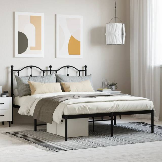 vidaXL Metal Bed Frame without Mattress with Headboard Black 135x190cm