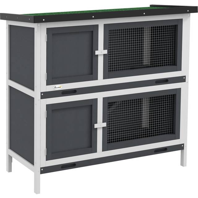 PawHut Double Decker Rabbit Hutch Bunny Cage Pet House Outdoor W/ Tray - Grey | TJ Hughes White