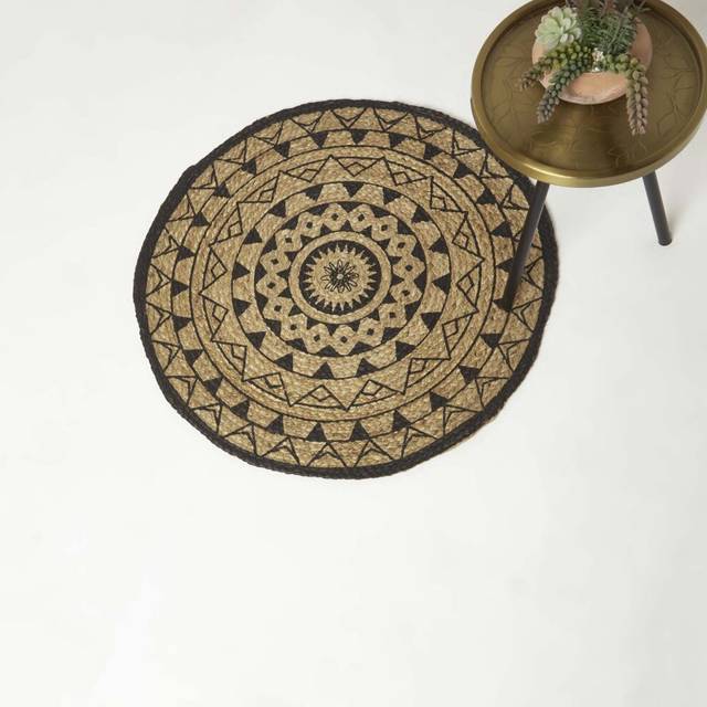 Homescapes Natural and Black Mandala Braided Jute Rug, 120 cm Round