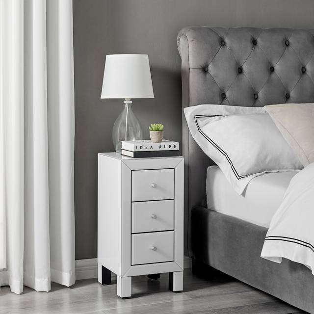 Furniturebox Lacey 3 Drawer White Small Bedside Table - Silver - 3 Drawers
