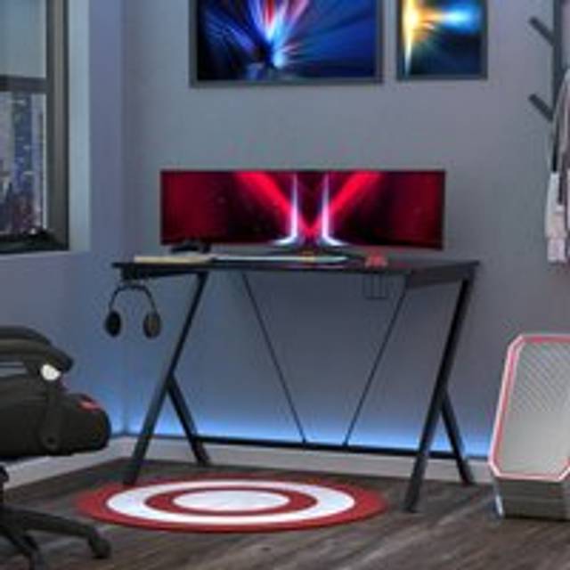 Homcom Gaming Desk Computer Table Metal Frame With Cup Holder, Headphone Hook, Cable Hole, Black