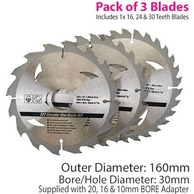3 Pack 160mm x 30mm TCT Circular Saw Blades 162430 Teeth 20mm 16mm 10mm Ring